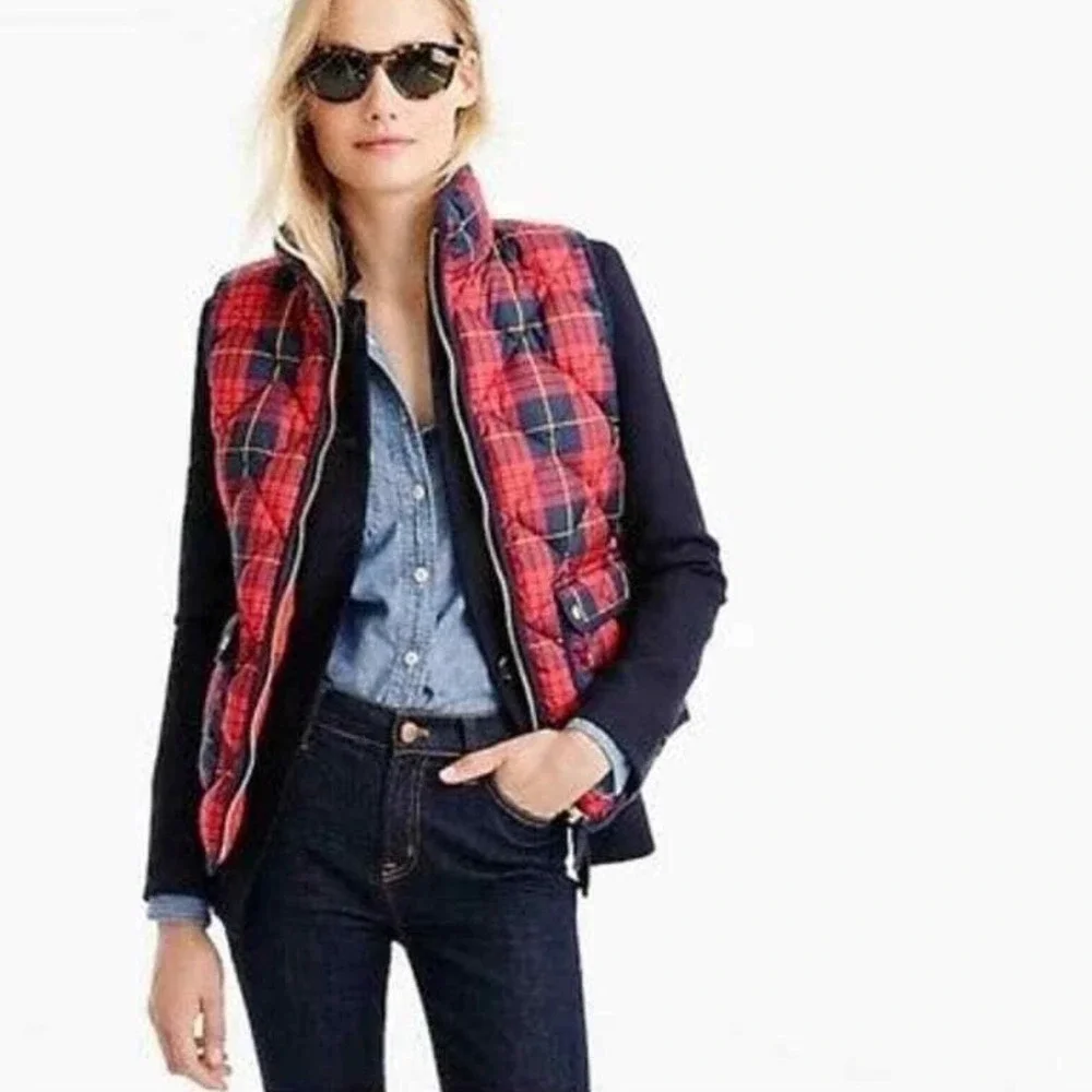 J. Crew Excursion Quilted Down Puffer Vest Red Navy Checker Pattern XXS‎